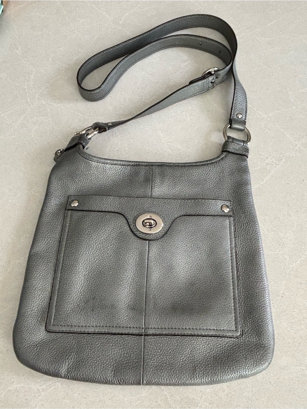 COACH Penelope Pewter Metallic Gray Pebbled Leather Crossbody Bag F16533